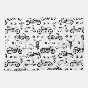 Illustration motorcycles scooters and helmets tea towel