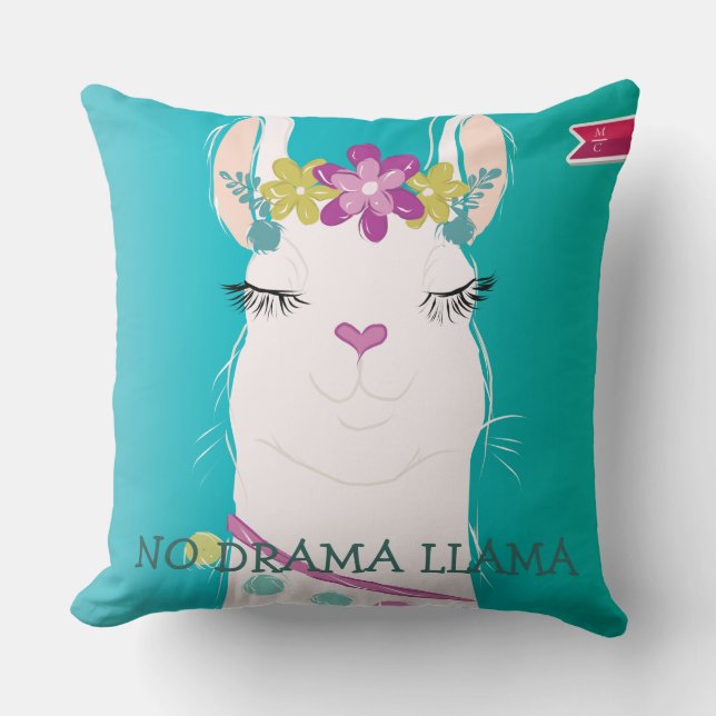 Illustration No Drama Llama with Monogram Cushion (Front)