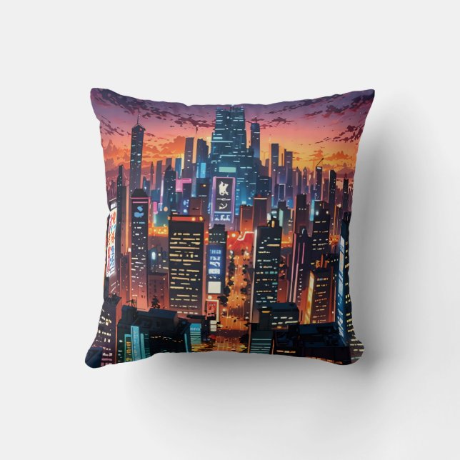 Illustration of a big city at night cushion (Back)