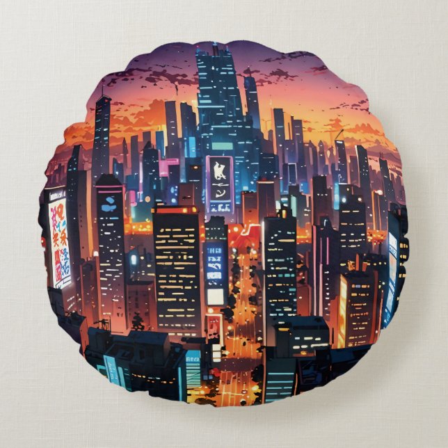 Illustration of a big city at night round cushion (Front)