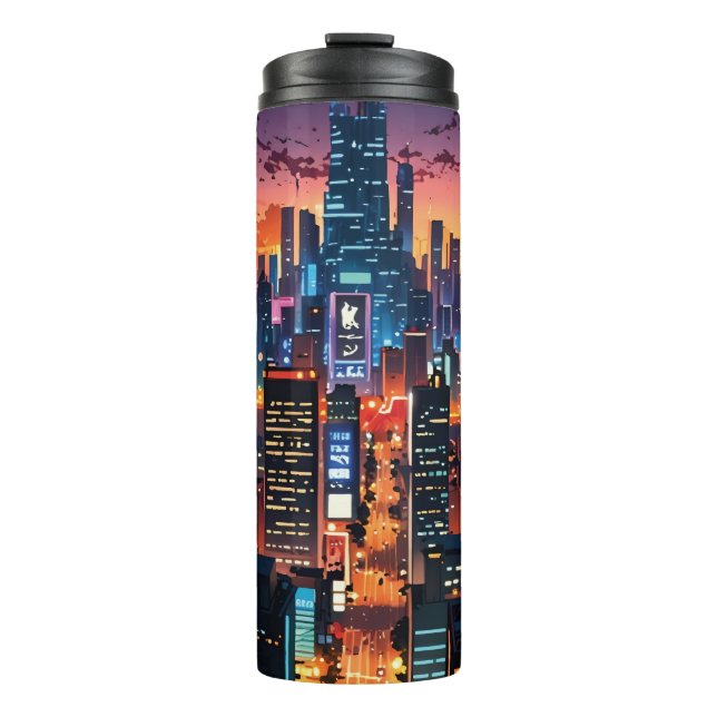 Illustration of a big city at night thermal tumbler (Front)