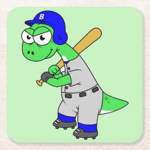 Illustration Of A Brontosaurus Baseball Player. Square Paper Coaster