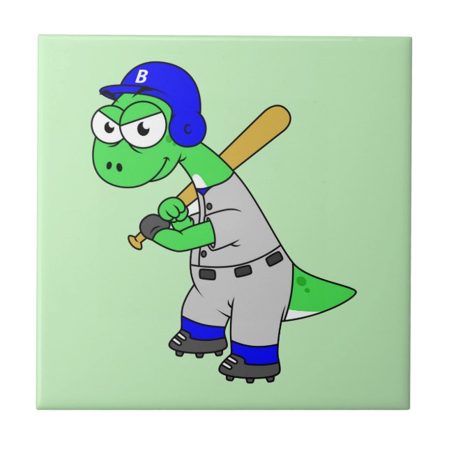 Illustration Of A Brontosaurus Baseball Player. Tile (Front)
