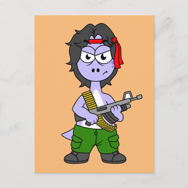 Illustration Of A Brontosaurus Dressed As Rambo. Postcard (Front)