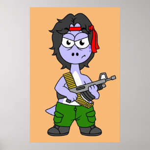 Illustration Of A Brontosaurus Dressed As Rambo. Poster