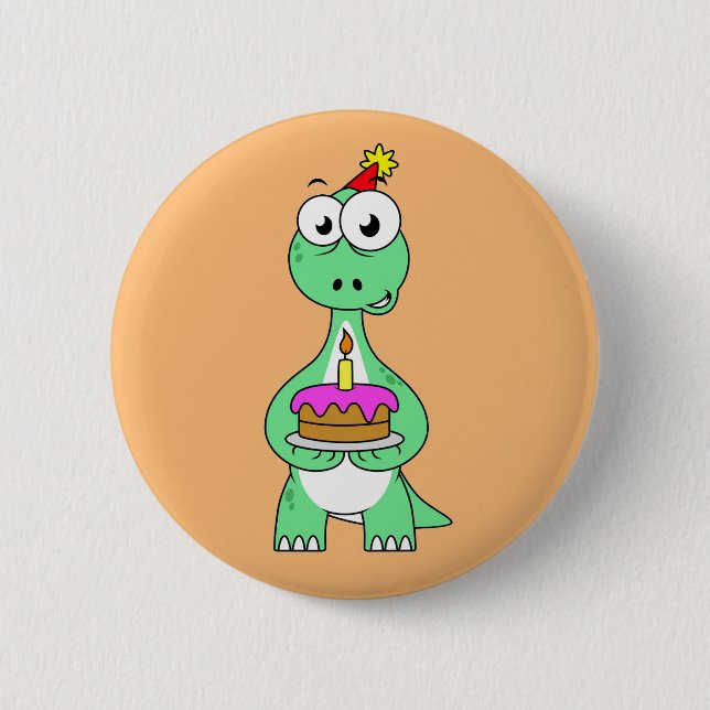 Illustration Of A Brontosaurus With Birthday Cake. 6 Cm Round Badge (Front)