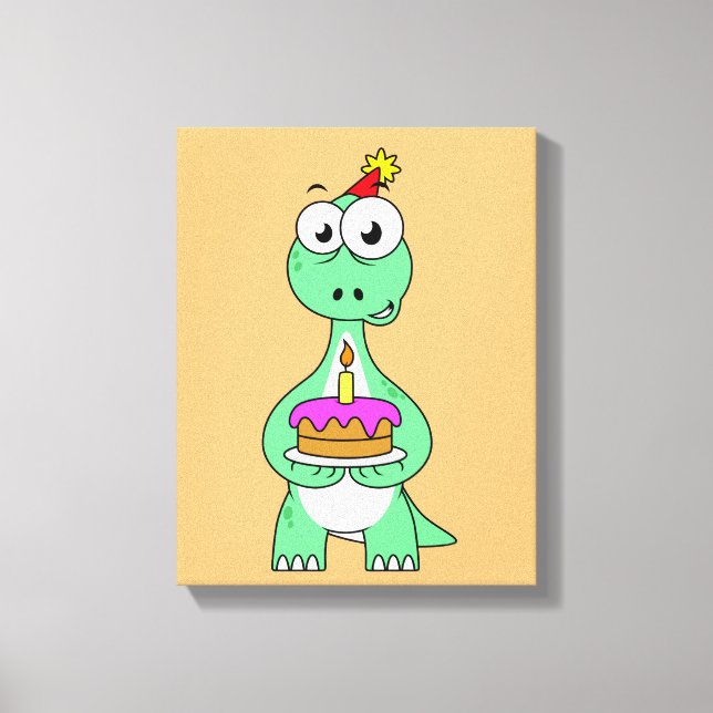 Illustration Of A Brontosaurus With Birthday Cake. Canvas Print (Front)