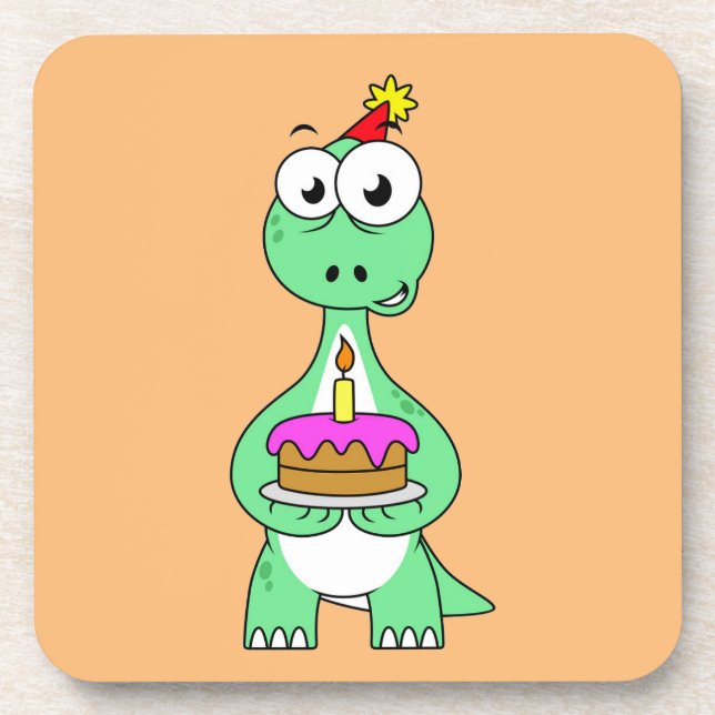 Illustration Of A Brontosaurus With Birthday Cake. Coaster (Front)