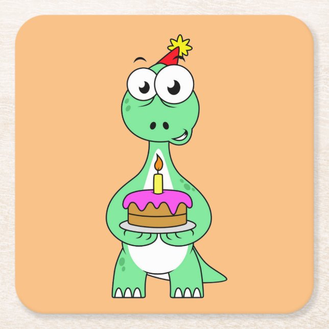 Illustration Of A Brontosaurus With Birthday Cake. Square Paper Coaster (Front)