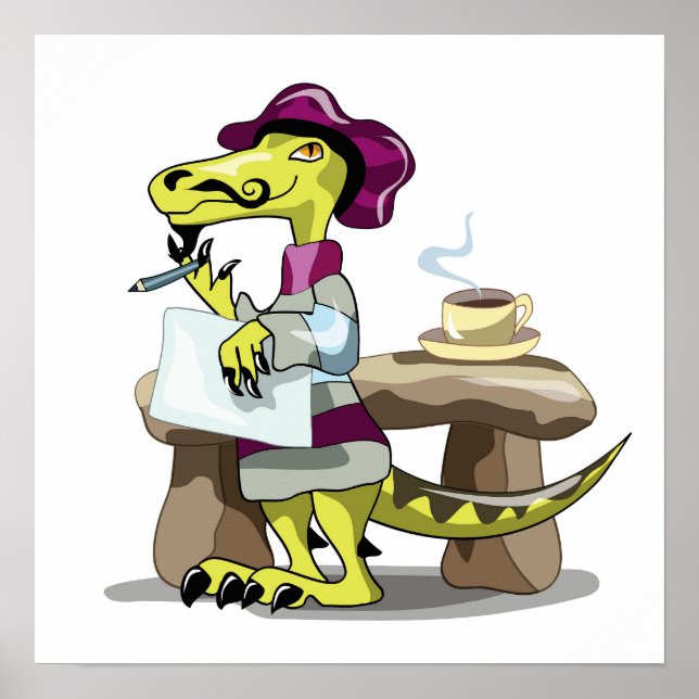 Illustration Of A Cartoon Raptor Poet Thinking. Poster (Front)