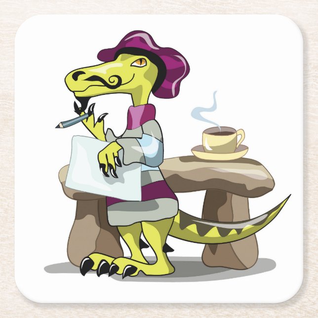 Illustration Of A Cartoon Raptor Poet Thinking. Square Paper Coaster (Front)