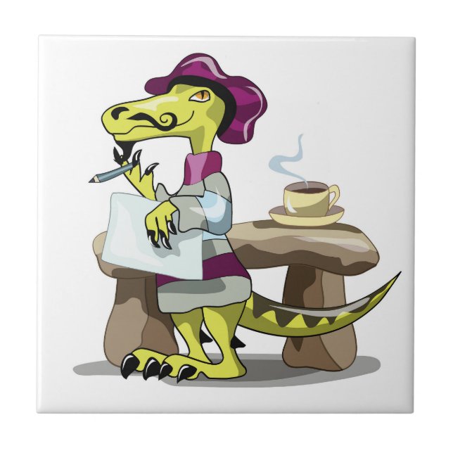 Illustration Of A Cartoon Raptor Poet Thinking. Tile (Front)