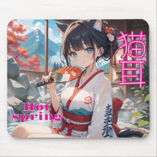 Illustration of a Cat-ear Girl Entering a Hot Spri Mouse Mat