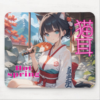 Illustration of a Cat-ear Girl Entering a Hot Spri Mouse Mat