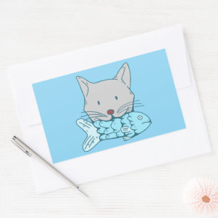 Illustration of a cat eating fish. rectangular sticker