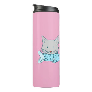 Illustration of a cat eating fish. thermal tumbler