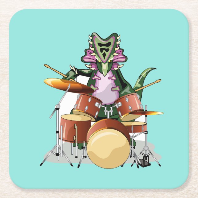 Illustration Of A Chasmosaurus Playing The Drums. Square Paper Coaster (Front)