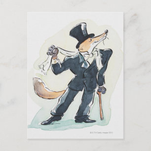 Illustration of a fox dressed in suit and top postcard
