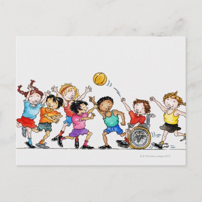 Illustration of a group of children including a postcard (Front)