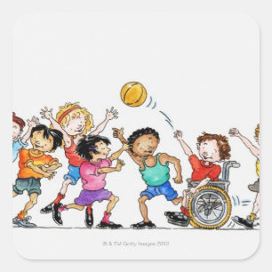 Illustration of a group of children including a square sticker