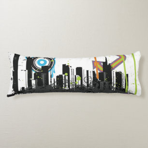 Illustration of a grungy cityscape body cushion