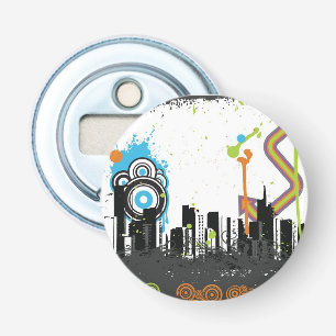 Illustration of a grungy cityscape bottle opener