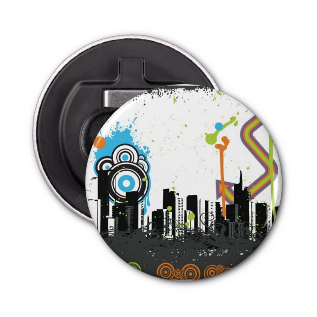 Illustration of a grungy cityscape bottle opener (Front)