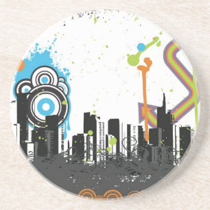 Illustration of a grungy cityscape coaster