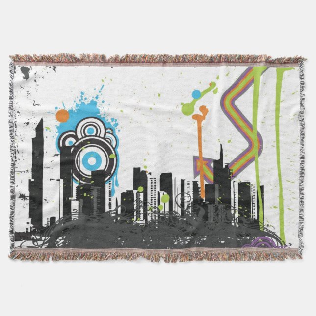 Illustration of a grungy cityscape throw blanket (Front)