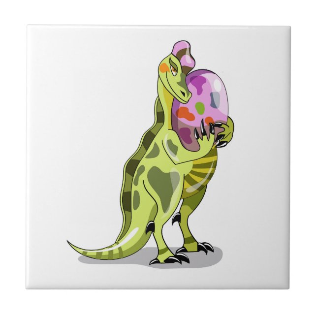 Illustration Of A Lambeosaurus Holding An Egg. Tile (Front)