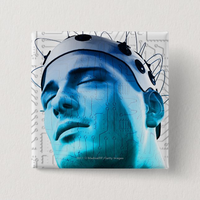 Illustration of a man wearing a cap of electrodes 15 cm square badge (Front)