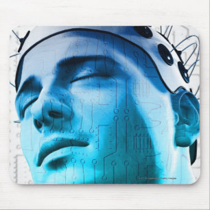 Illustration of a man wearing a cap of electrodes mouse mat