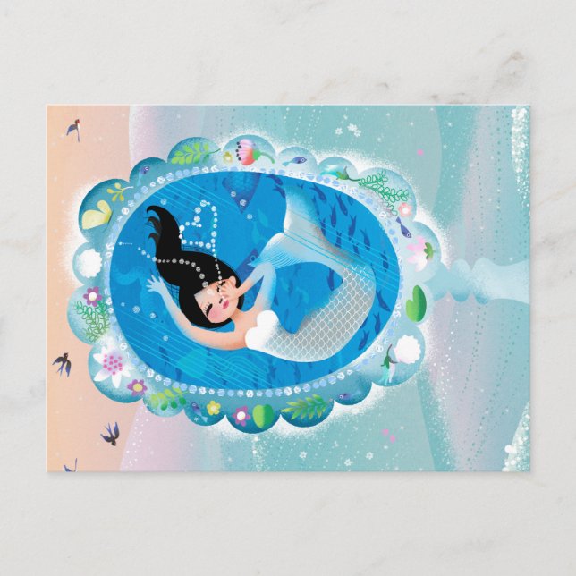 Illustration of a Mermaid's Mirror w Bubble Kiss Postcard (Front)