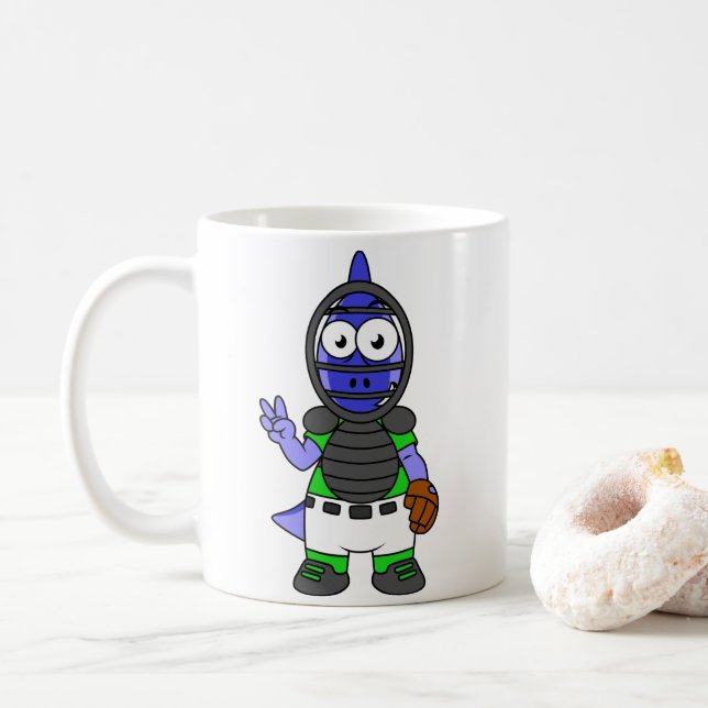 Illustration Of A Parasaurolophus Baseball Catcher Coffee Mug (With Donut)