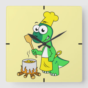 Illustration Of A Parasaurolophus Dinosaur Cooking Square Wall Clock