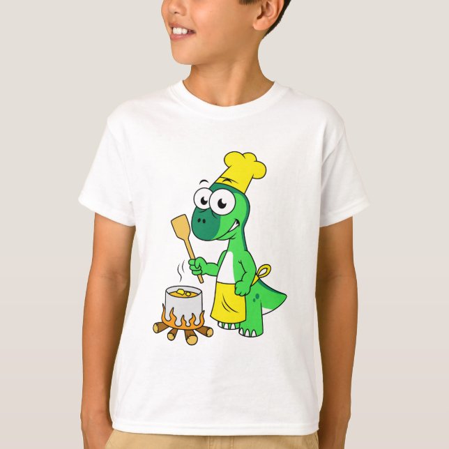 Illustration Of A Parasaurolophus Dinosaur Cooking T-Shirt (Front)