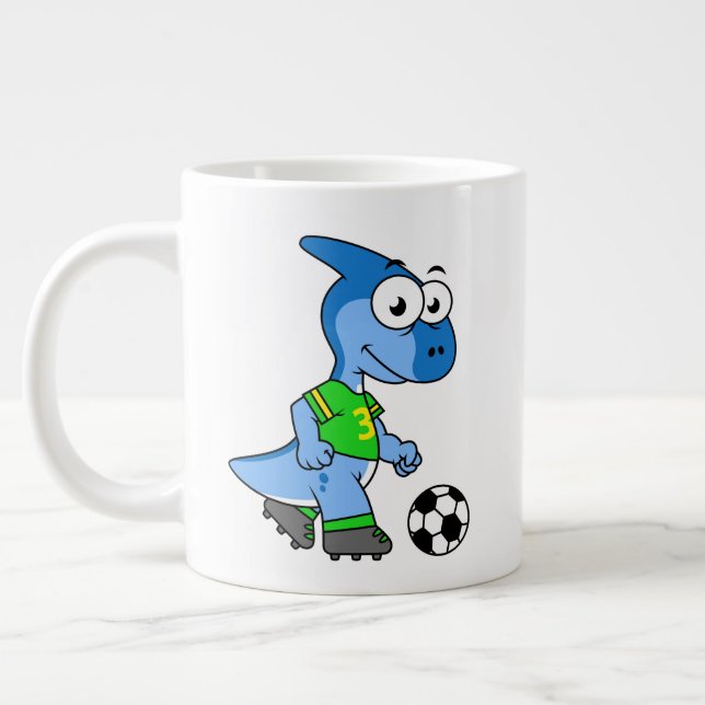 Illustration Of A Parasaurolophus Playing Soccer. Large Coffee Mug (Left)