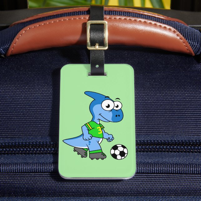 Illustration Of A Parasaurolophus Playing Soccer. Luggage Tag (Front Insitu 2)