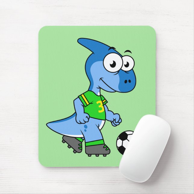 Illustration Of A Parasaurolophus Playing Soccer. Mouse Mat (With Mouse)