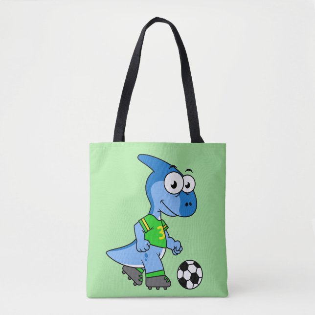 Illustration Of A Parasaurolophus Playing Soccer. Tote Bag (Front)