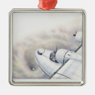 Illustration of a plane flying above wormhole metal tree decoration