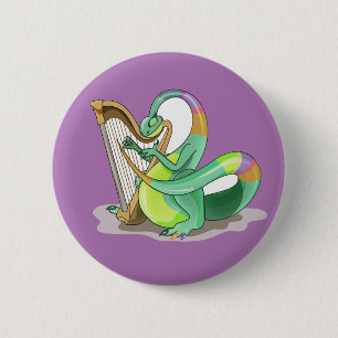 Illustration Of A Plateosaurus Playing The Harp. 6 Cm Round Badge
