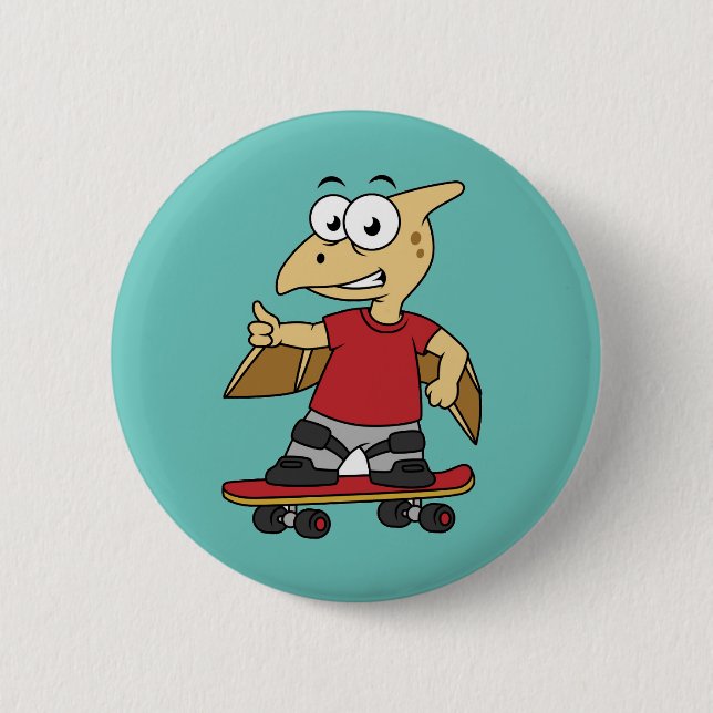 Illustration Of A Pterosaur Skateboarding. 6 Cm Round Badge (Front)