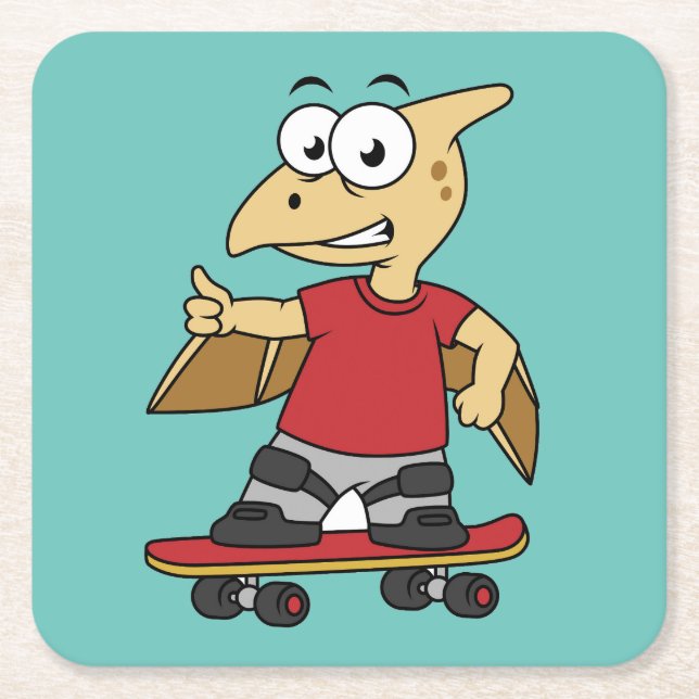 Illustration Of A Pterosaur Skateboarding. Square Paper Coaster (Front)
