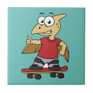 Illustration Of A Pterosaur Skateboarding. Tile