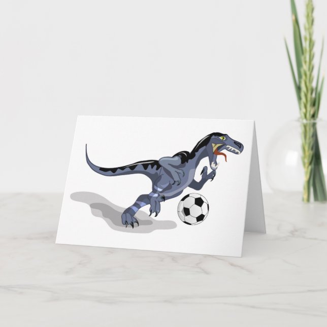 Illustration Of A Raptor Dinosaur Playing Soccer. Card (Front)