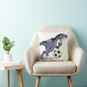 Illustration Of A Raptor Dinosaur Playing Soccer. Cushion
