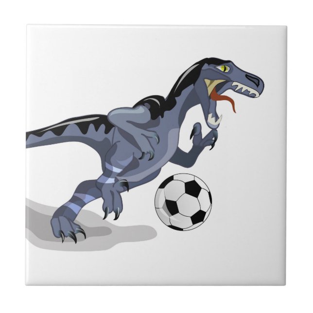 Illustration Of A Raptor Dinosaur Playing Soccer. Tile (Front)