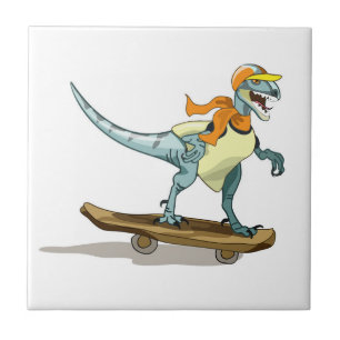 Illustration Of A Raptor Skateboarding. Tile