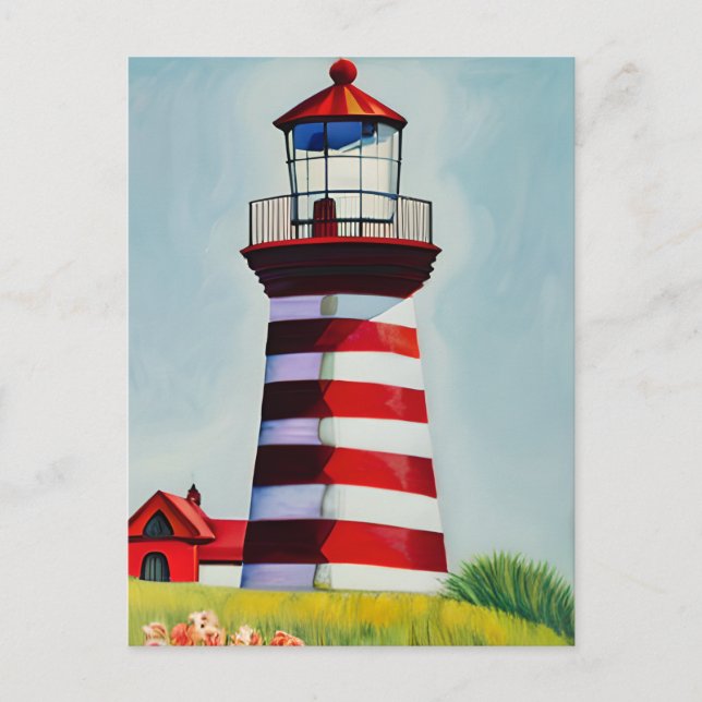 Illustration of a Red and White striped Lighthouse Postcard (Front)